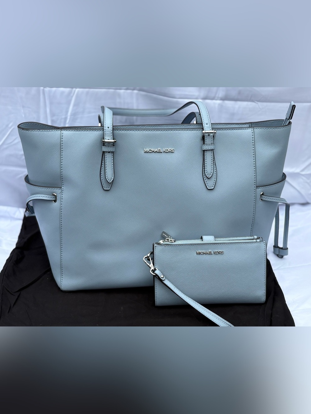 Michael Kors Jet Set Dusty  Blue Leather Tote with Matching Wristlet